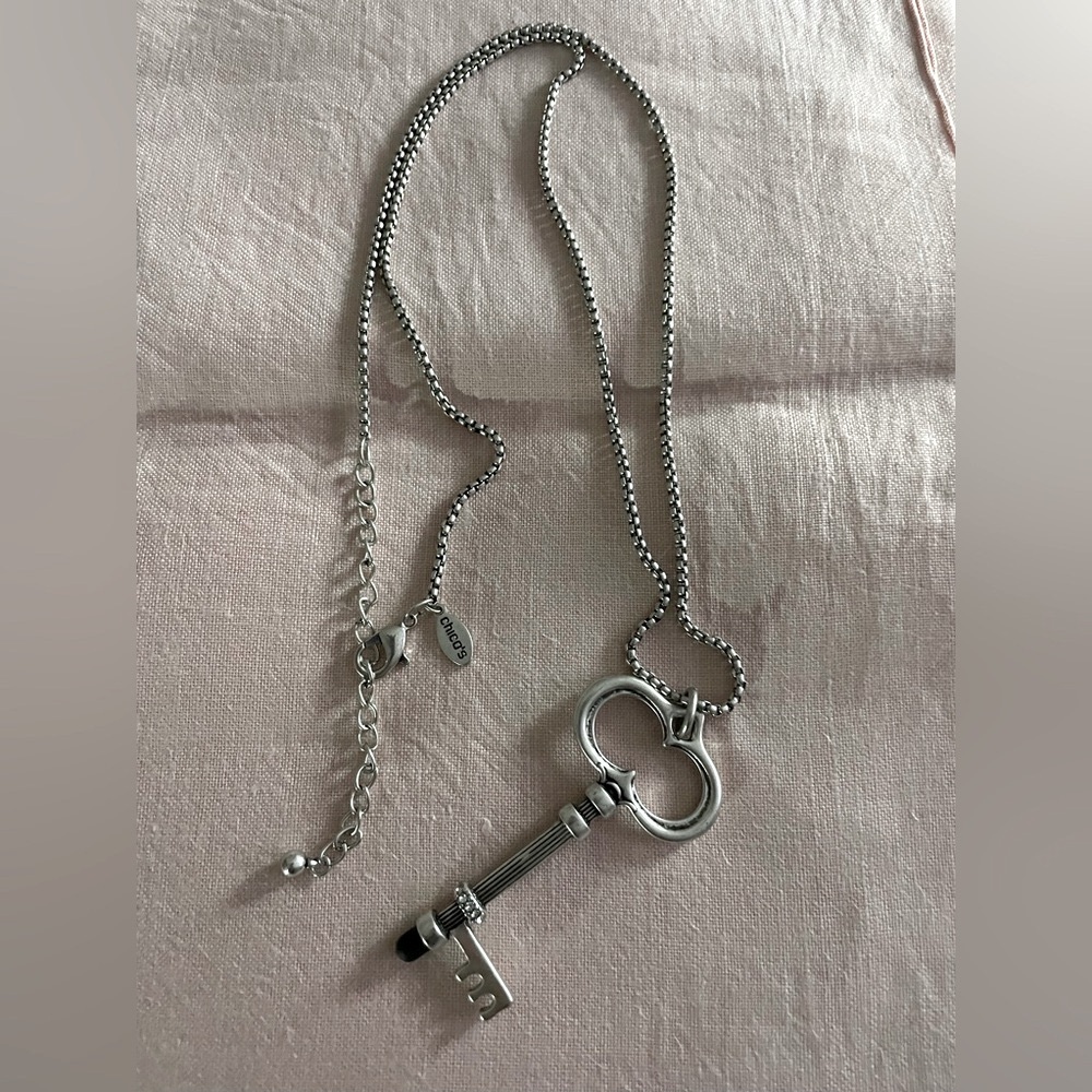 Chico’s Key Pendant Long Silver Necklace with Stylus tip